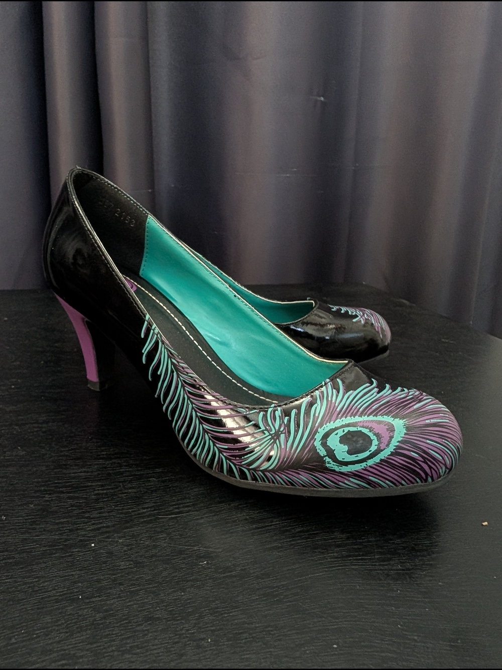 T.U.K. Patent Leather Peacock Mid-Heel Pumps